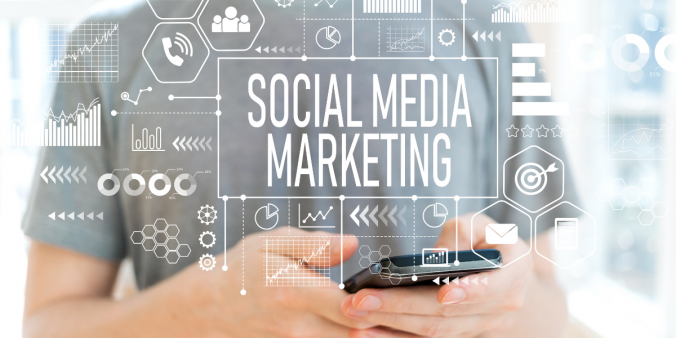 Social Media Marketing Graphic with social media elements and an individual on a phone in behind.